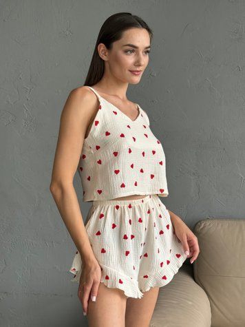 Муслінова піжама у серденька, Молочний, L-XL П018 С-М фото